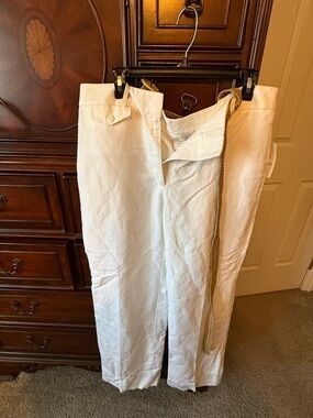 Emma James White Linen-Blend Chinos with Belt size 14 NWT